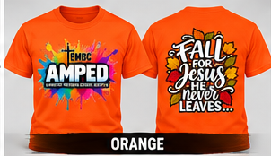 AMPED Fall for Jesus realistic orange adult T-shirt front and back
