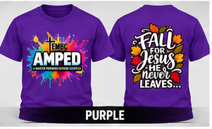 AMPED Fall for Jesus realistic purple adult T-shirt front and back