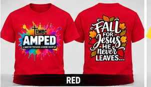 AMPED Fall for Jesus realistic red adult T-shirt front and back