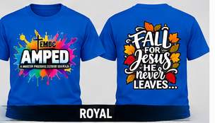 AMPED Fall for Jesus realistic royal adult T-shirt front and back