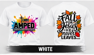 AMPED Fall for Jesus realistic white adult T-shirt front and back