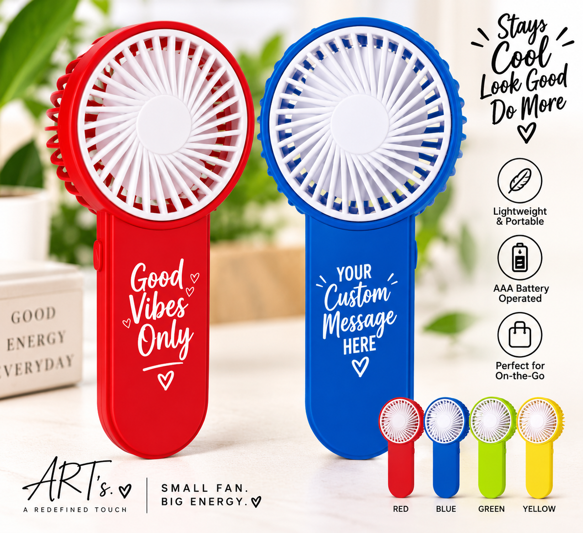ART’s personalized mini handheld fan available in red, blue, green and yellow