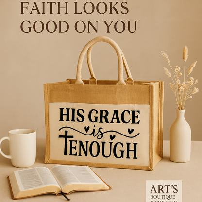 ART’s Exclusive: “His Grace is Enough” Canvas Pocket Jute Tote