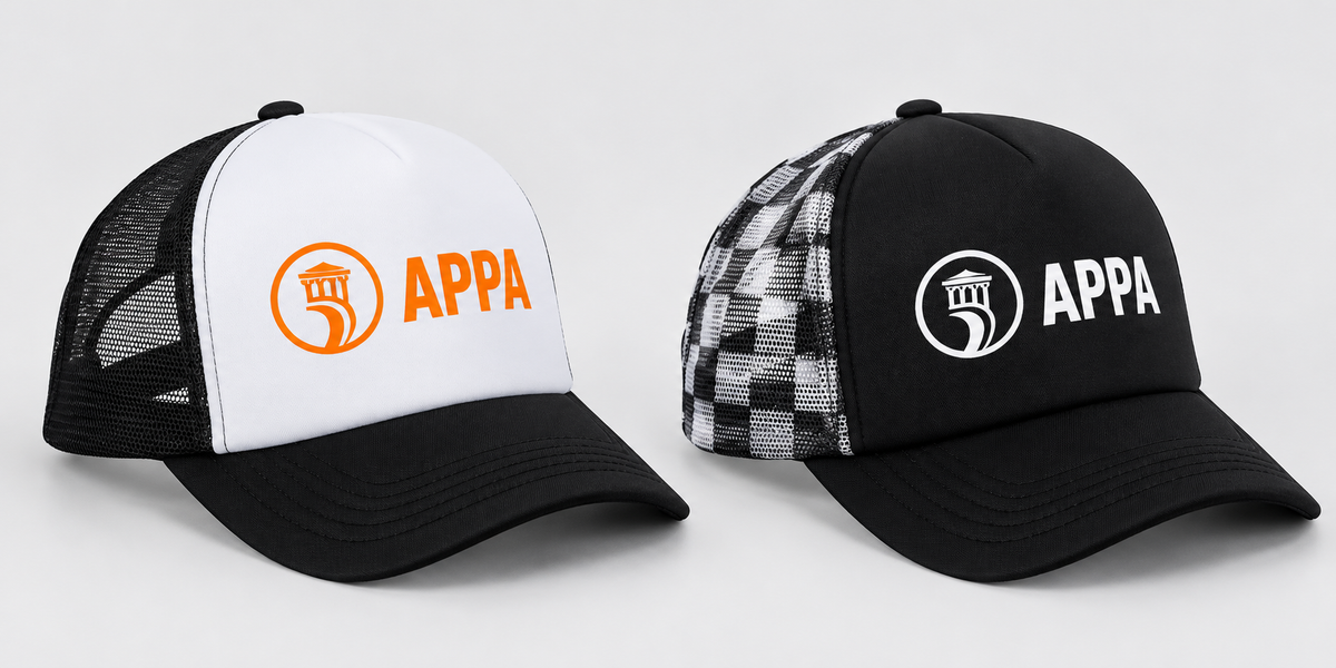 APPA logo trucker hats: white front with black mesh and orange logo; black front with buffalo plaid mesh and white logo