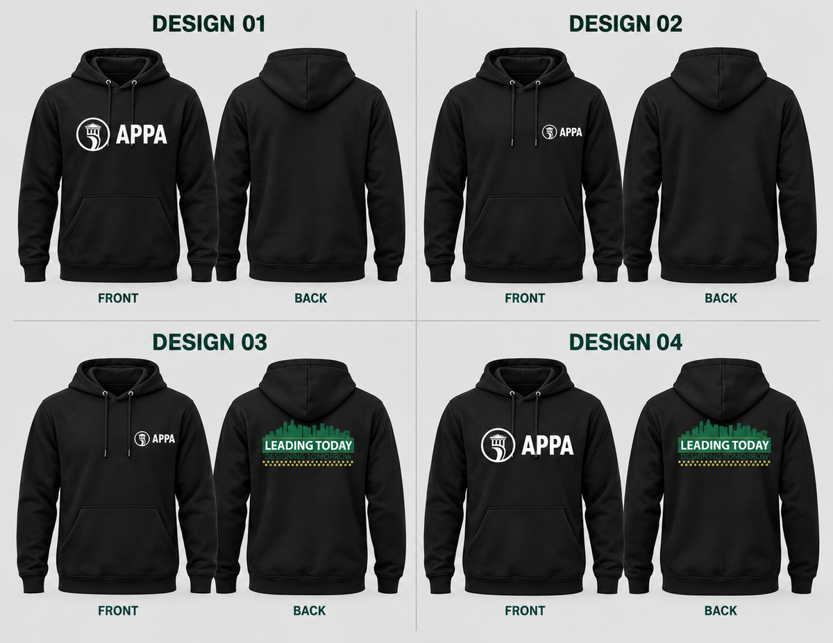Black SRAPPA hoodies: Designs 01–02 blank back; Designs 03–04 conference logo back