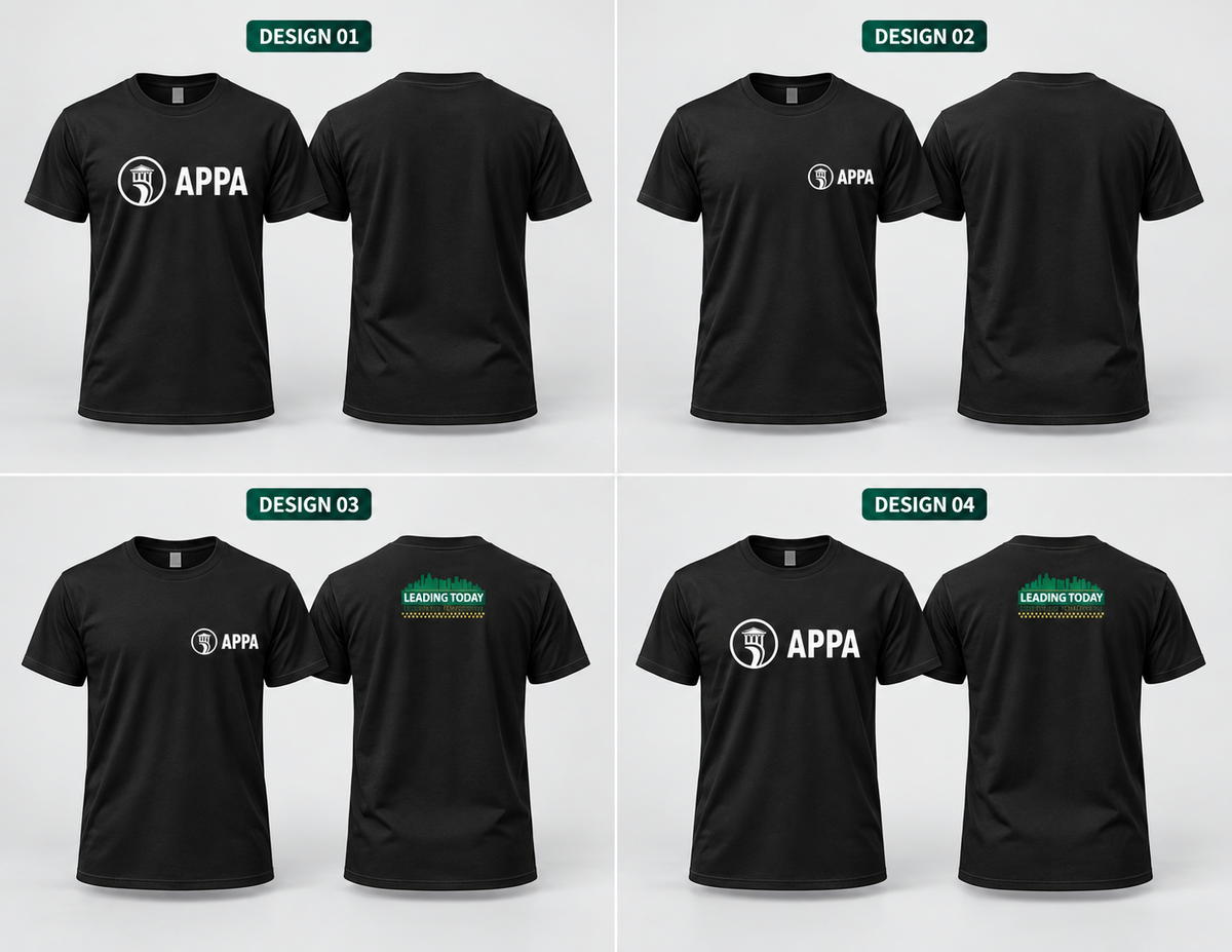 Black SRAPPA shirts: Designs 01 and 02 with blank backs; Designs 03 and 04 with conference logo on back