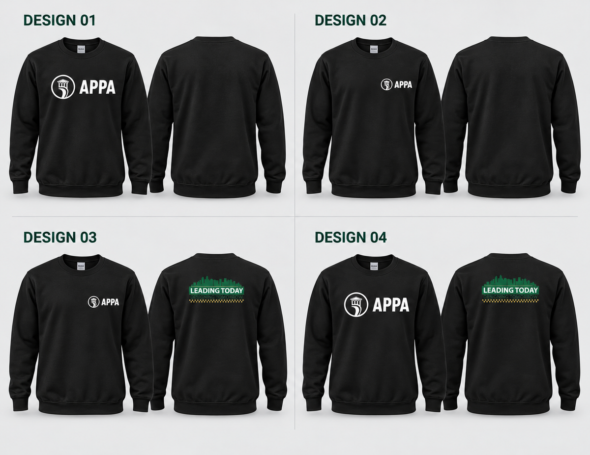 Black SRAPPA crewneck sweatshirts: Designs 01–02 blank back; Designs 03–04 conference logo back