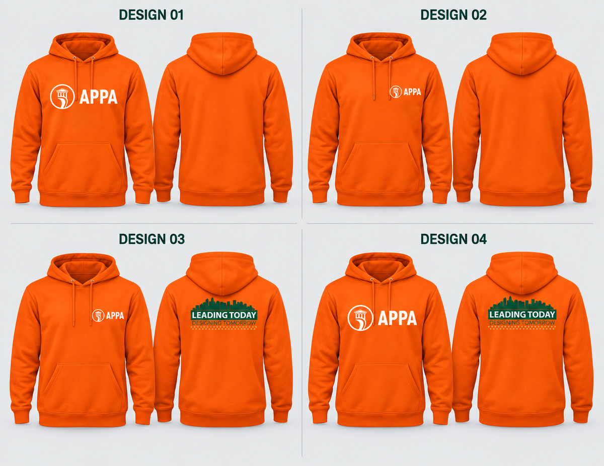 Orange SRAPPA hoodies: Designs 01–02 blank back; Designs 03–04 conference logo back