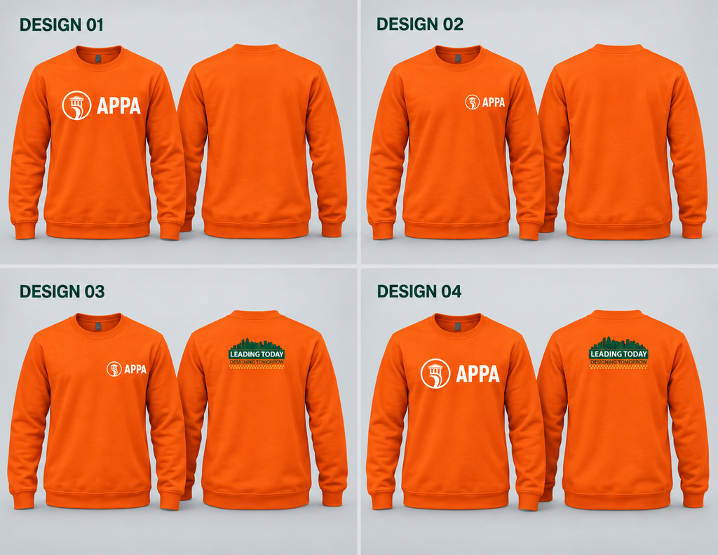Orange SRAPPA crewneck sweatshirts: Designs 01–02 blank back; Designs 03–04 conference logo back