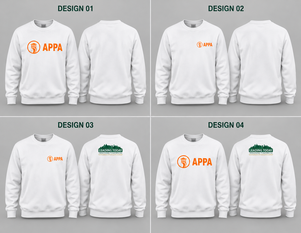 White SRAPPA crewneck sweatshirts: Designs 01–02 blank back; Designs 03–04 conference logo back